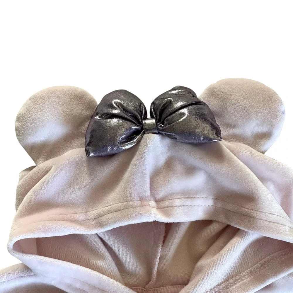 Disney Minnie Mouse Pink Velour Hoodie 3D Ears Metallic‎ Bow Baby Girl 18M